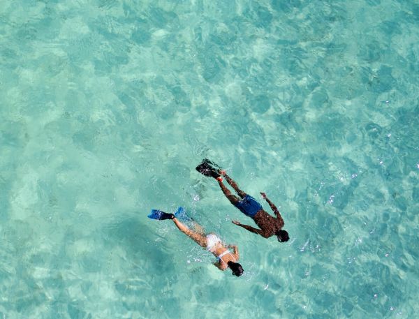 A Group Of People Swimming In The Ocean