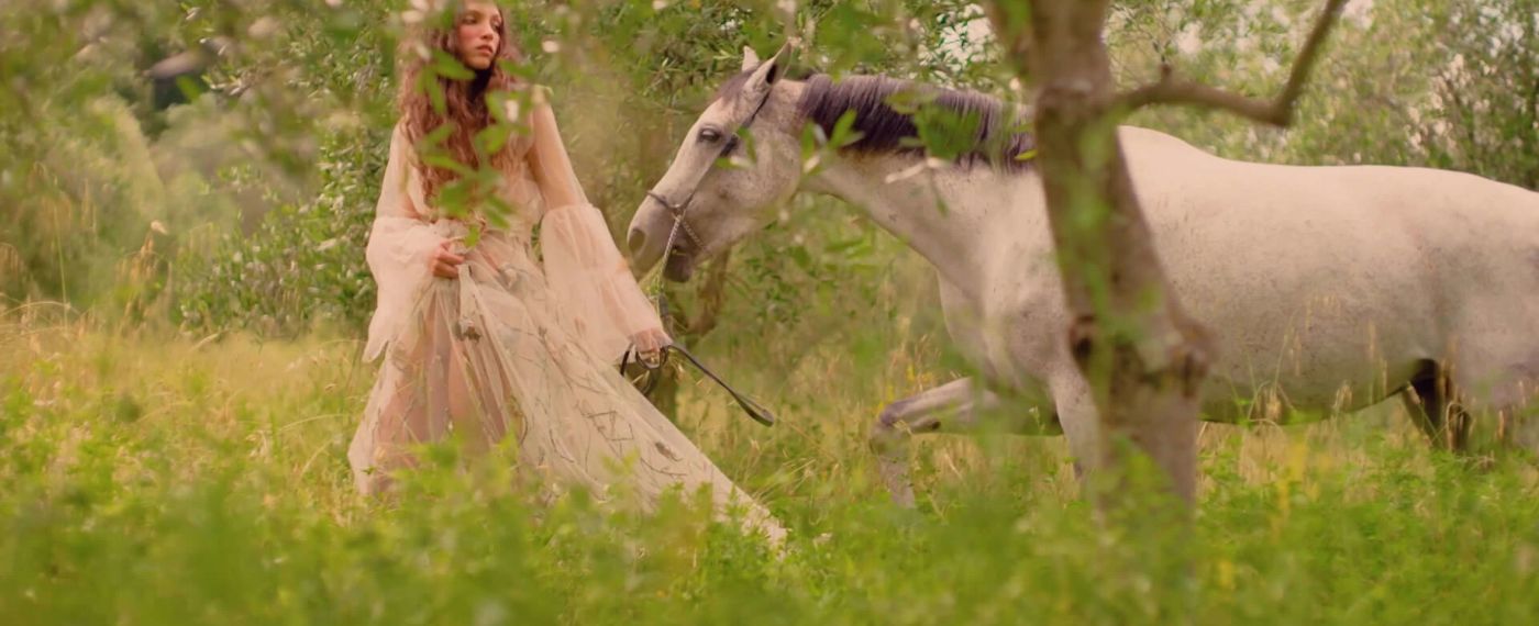 A Person In A Dress Riding A Horse In A Field